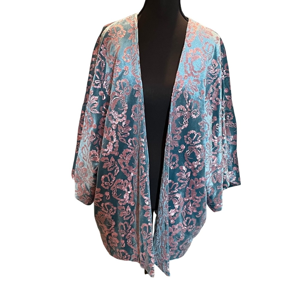 Velvet Sequin Floral Kimono Teal Pink Whimsigoth Boho Glam L/XL NWT Luxe Wrap